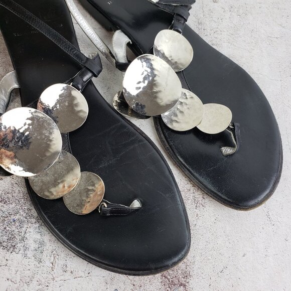 iL Sandalo Italia Black Leather Sandals Flats Hammered Metal size 37 Boho Resort - Picture 6 of 11